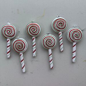 Frosted Glitter Glass Candy Cane Lollipops Christmas Ornaments Set Of 6